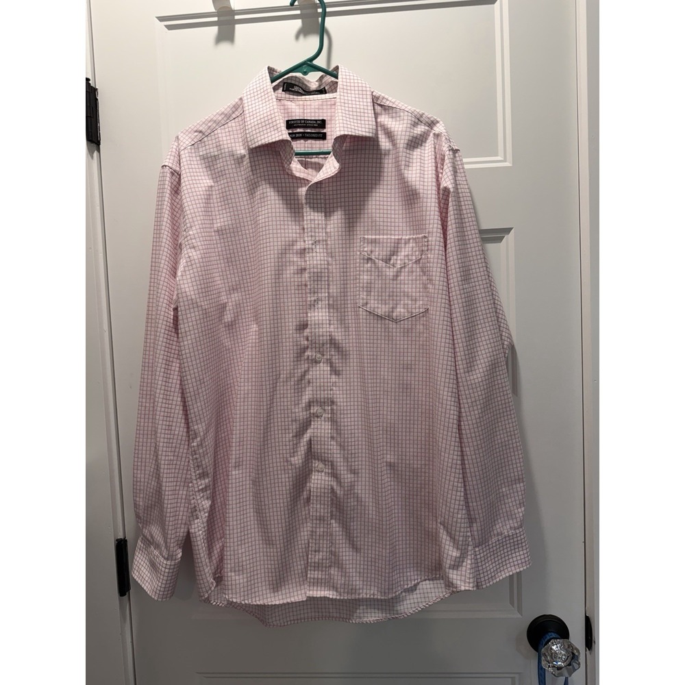 Forsyth of Canada Non Iron Dress Shirt 16.5 34/35 Pink Check Tailored Fit Mens